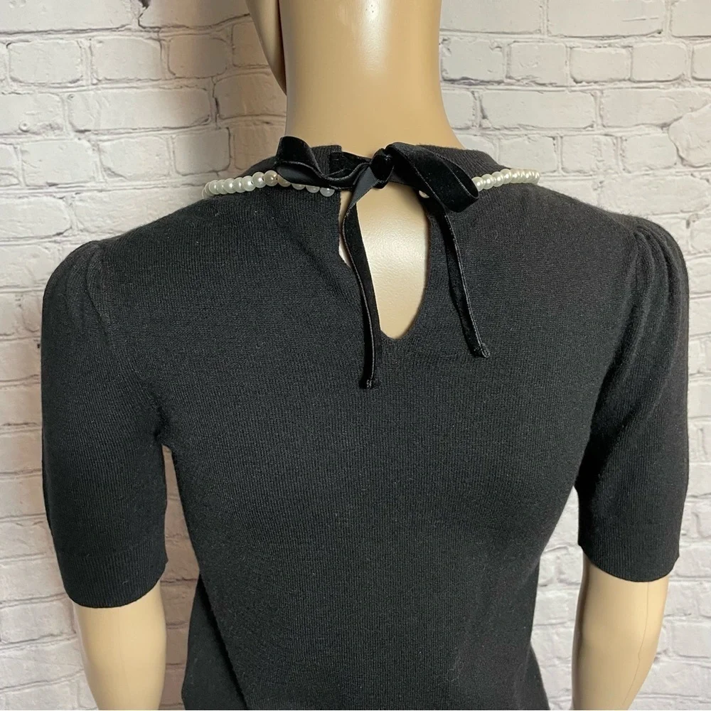 New Kate Spade Black Pearl-Embellished Short-Sleeve Sweater Size XXS